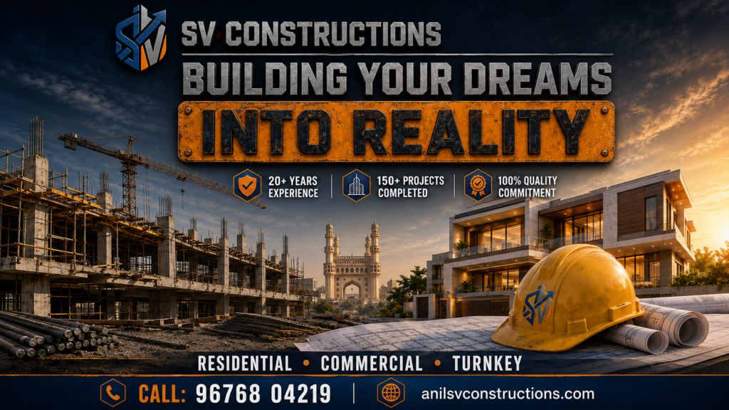 SV Constructions – trusted construction company in Hyderabad for residential, commercial and turnkey projects.